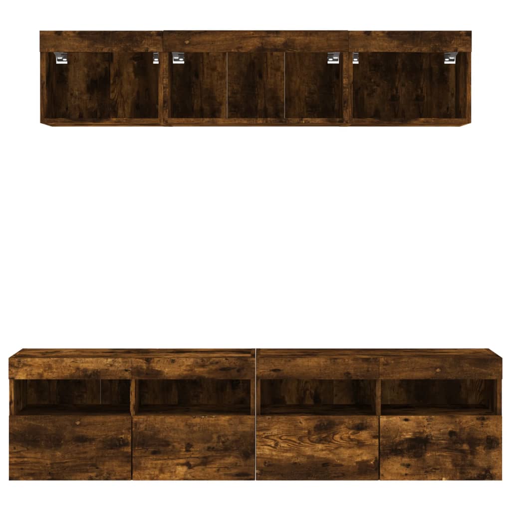 tv-møbel til væg 5 dele med LED-lys konstrueret træ røget eg