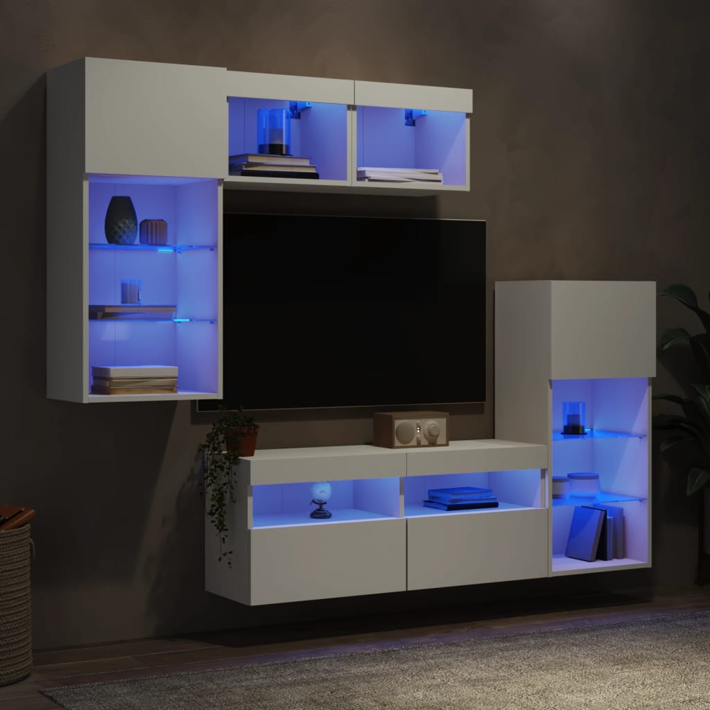 tv-møbel til væg 5 dele med LED-lys konstrueret træ hvid