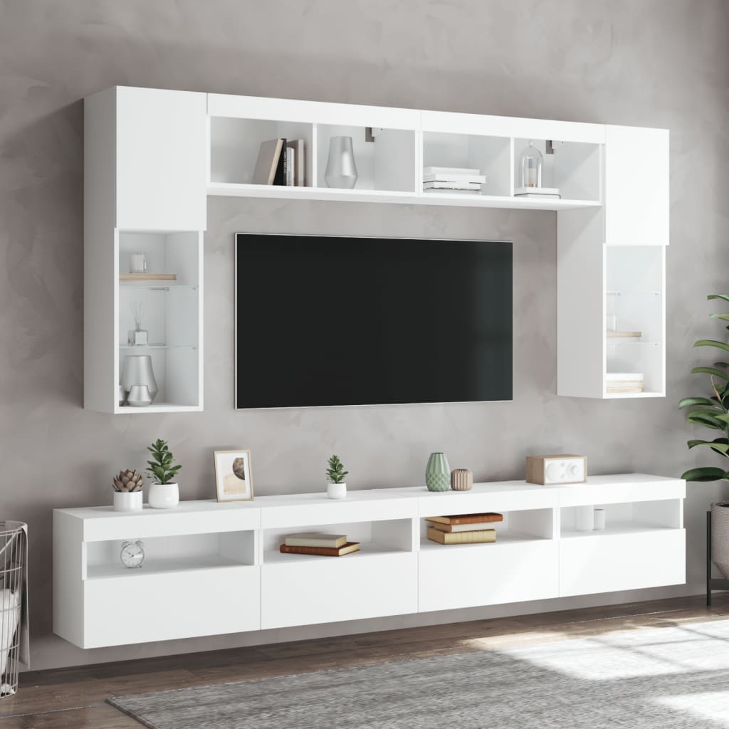 væghængt tv-møbel 8 dele med LED-lys hvid