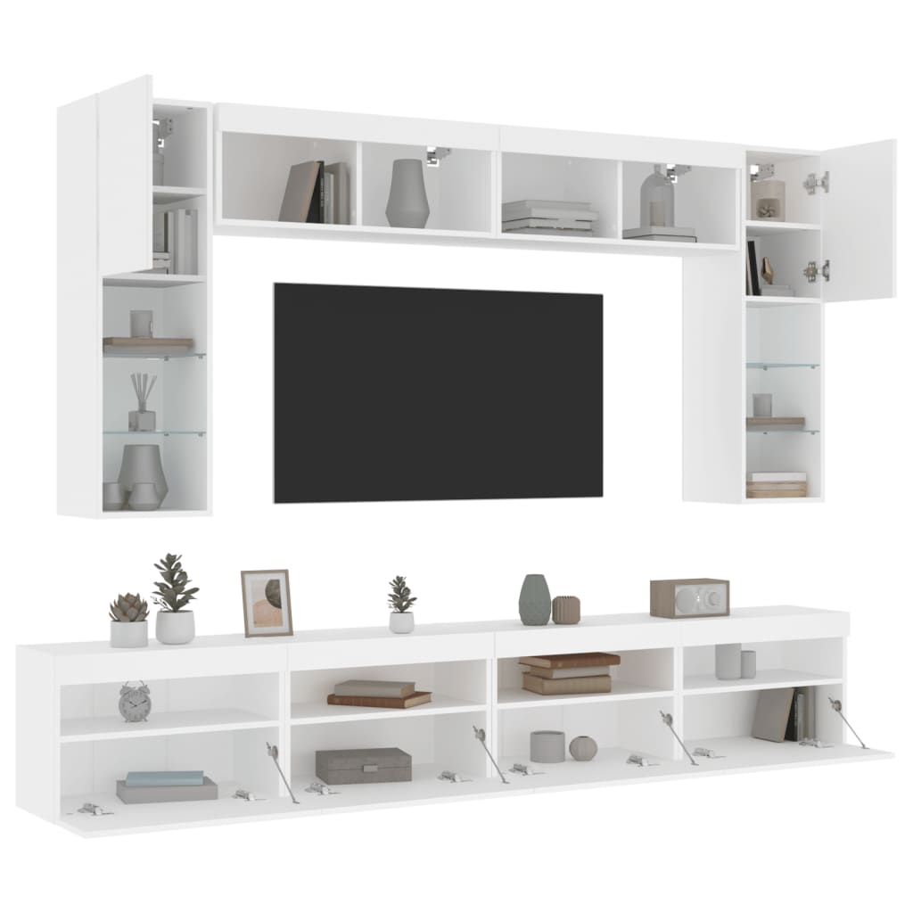 væghængt tv-møbel 8 dele med LED-lys hvid