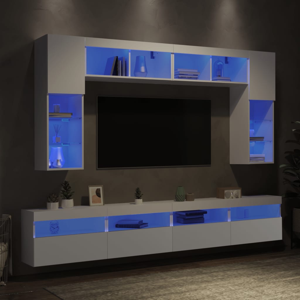 væghængt tv-møbel 8 dele med LED-lys hvid