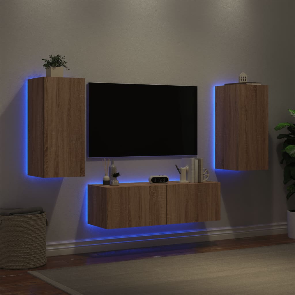 væghængt tv-møbel 3 dele med LED-lys sonoma-eg