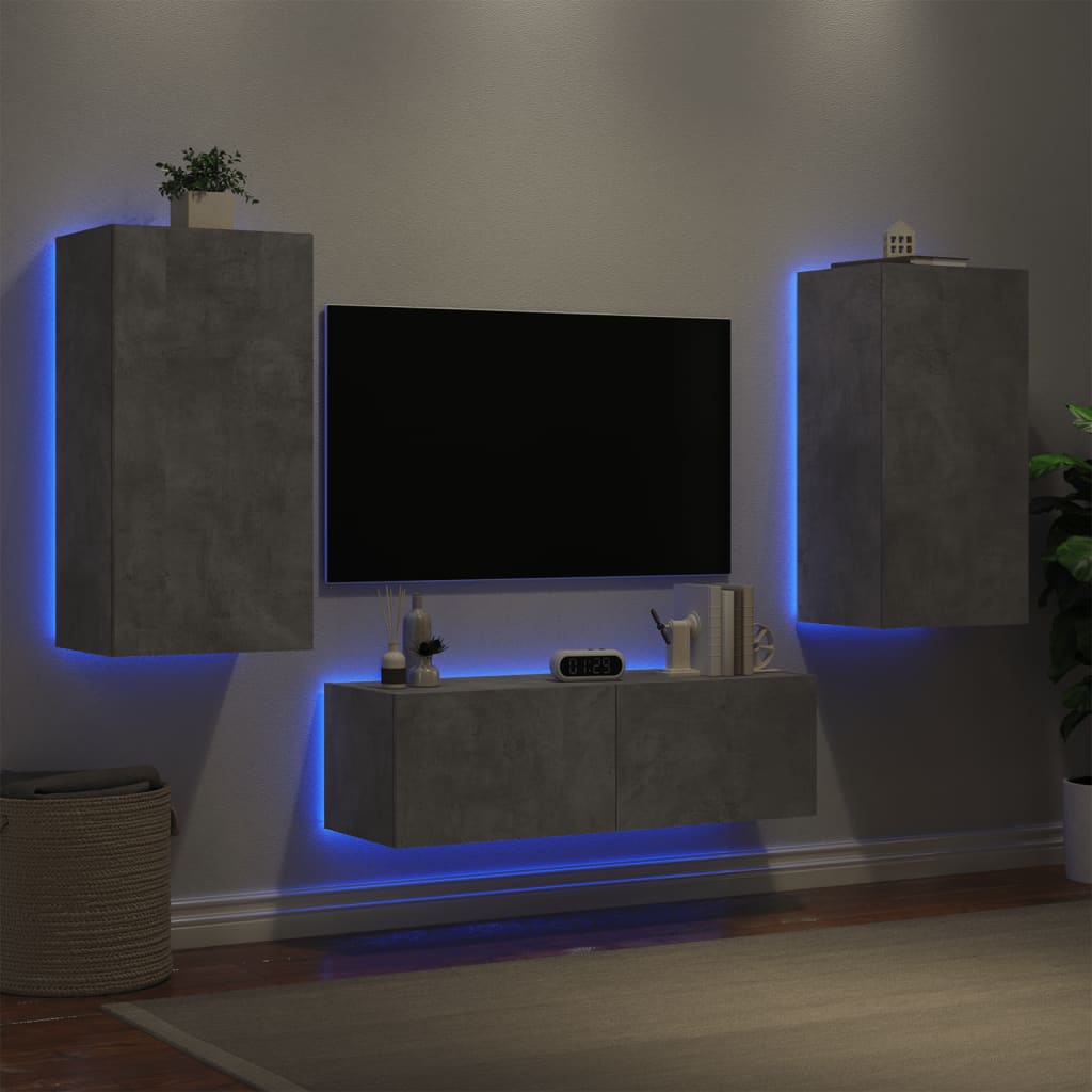 tv-møbel til væg 3 dele med LED-lys betongrå