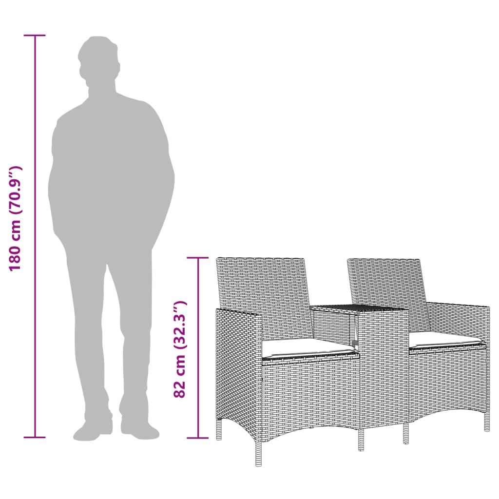 2-personers havesofa med bord og hynder polyrattan lysegrå