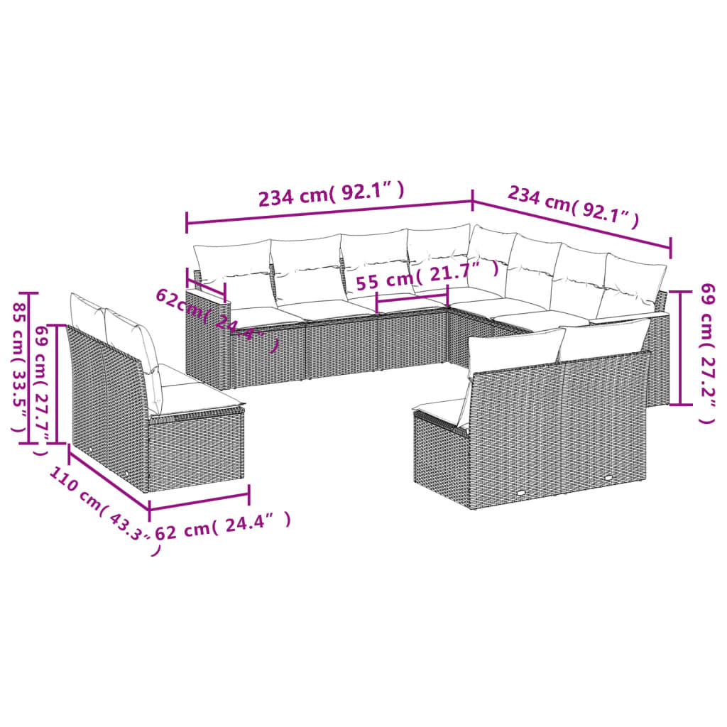 havesofasæt 11 dele med hynder polyrattan beige