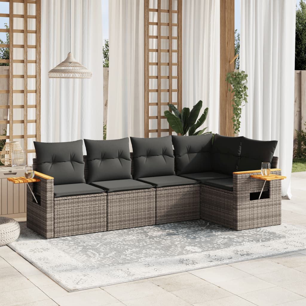 sofasæt 5 dele med hynder polyrattan grå