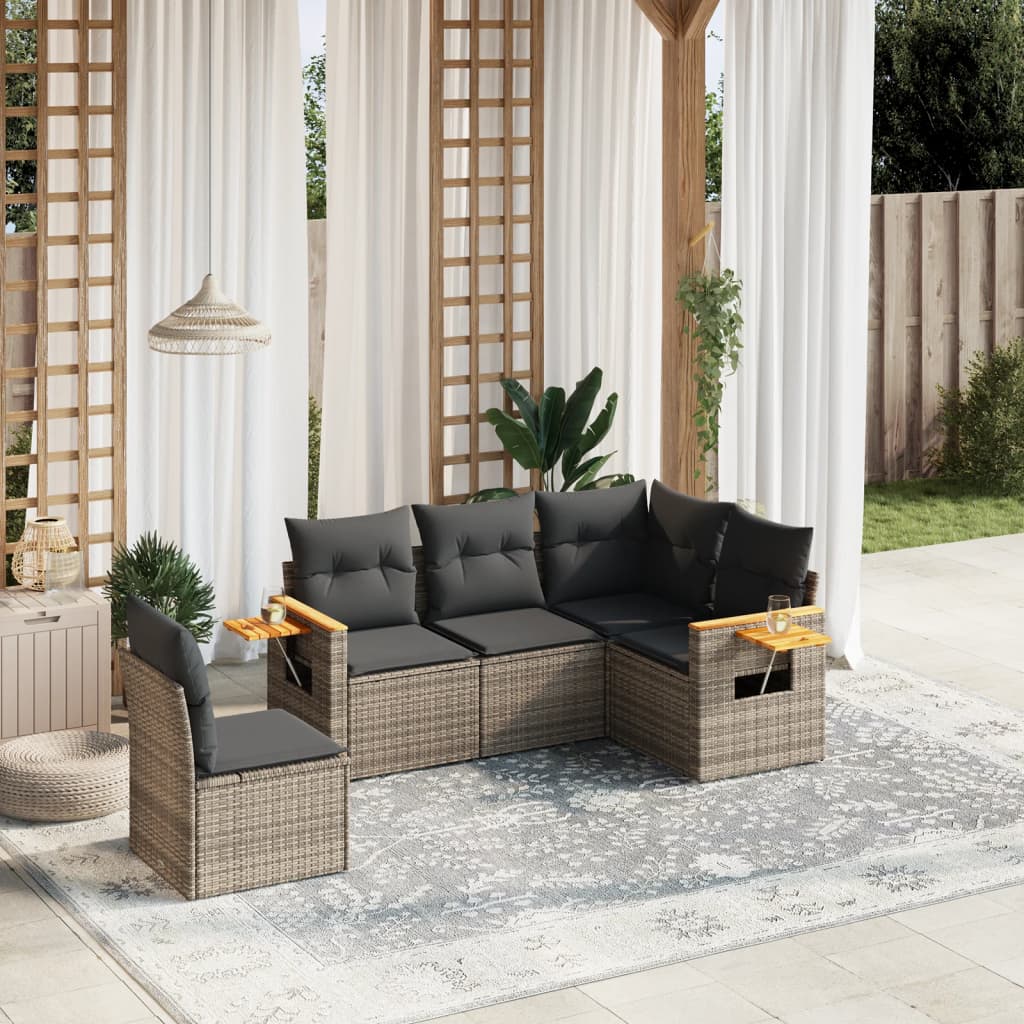 sofasæt 5 dele med hynder polyrattan grå