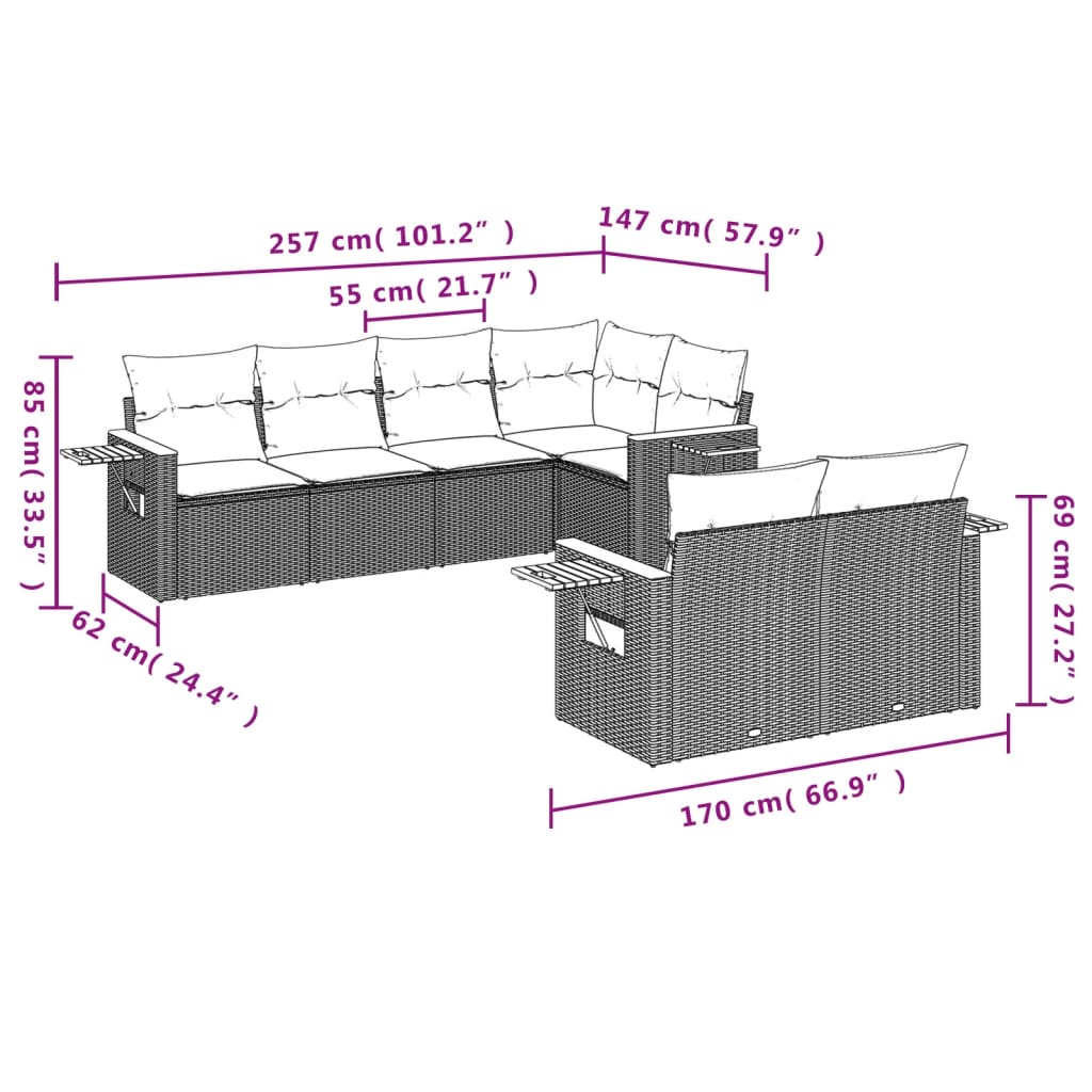sofasæt til haven 7 dele med hynder polyrattan beige