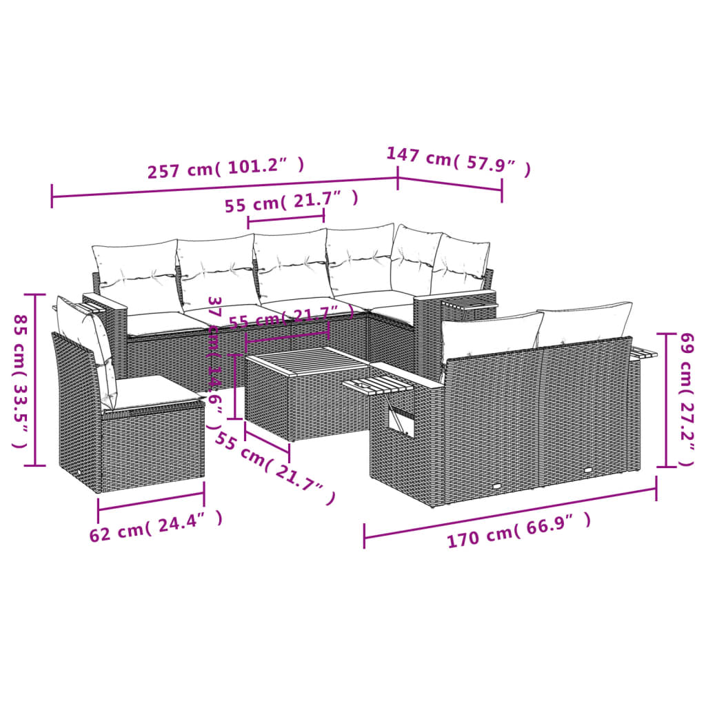 sofasæt til haven 9 dele med hynder polyrattan beige