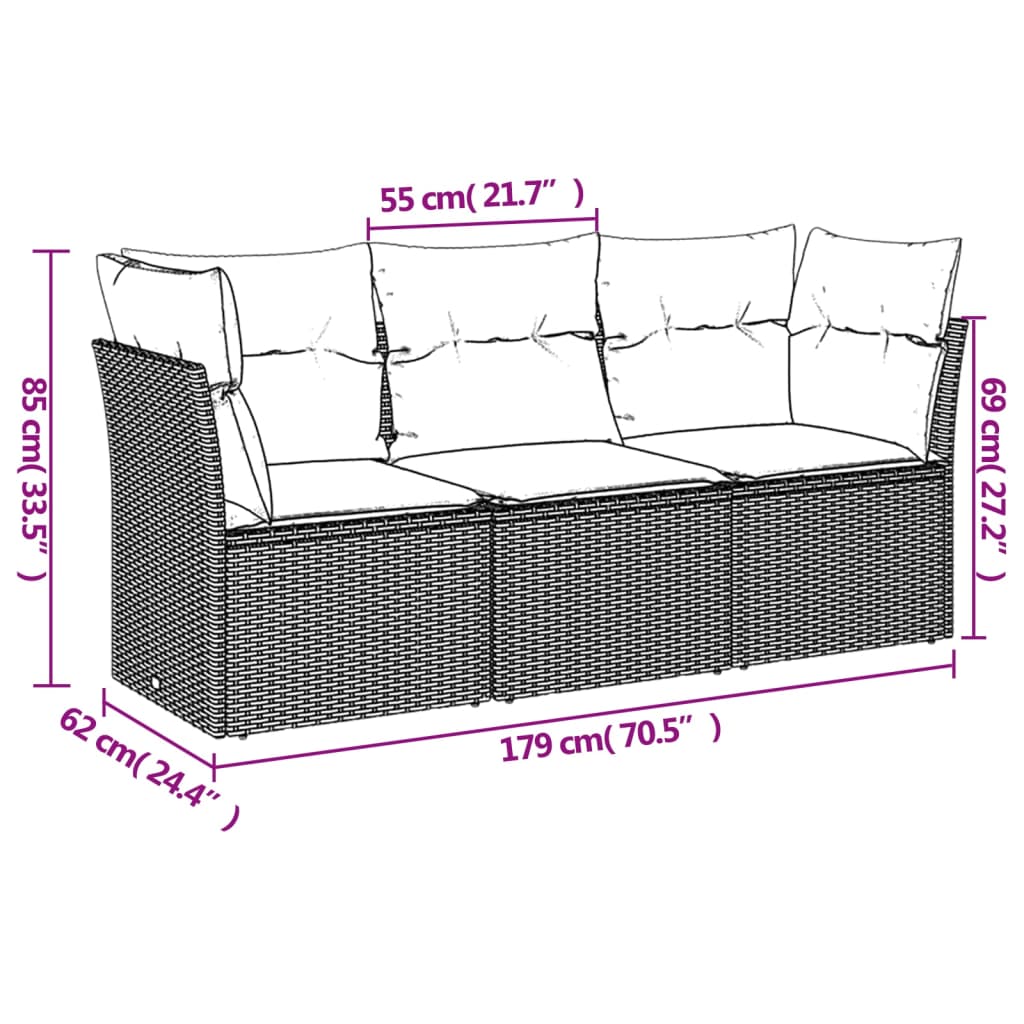 havesofasæt 3 dele med hynder polyrattan grå