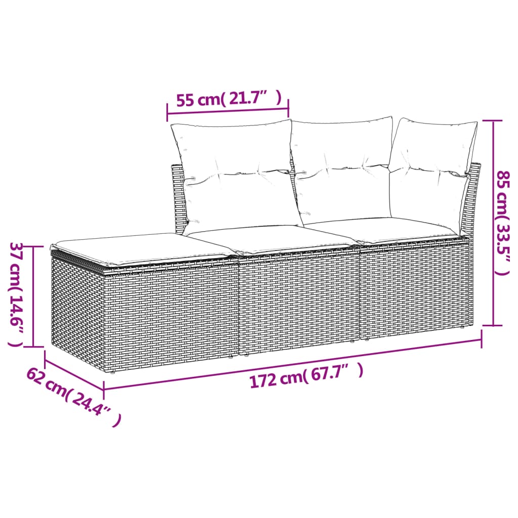 havesofasæt 3 dele med hynder polyrattan grå