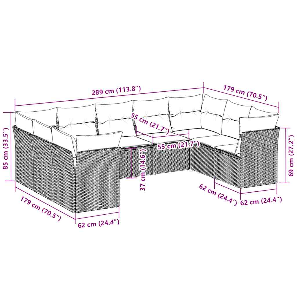 sofasæt til haven 9 dele med hynder polyrattan lysegrå