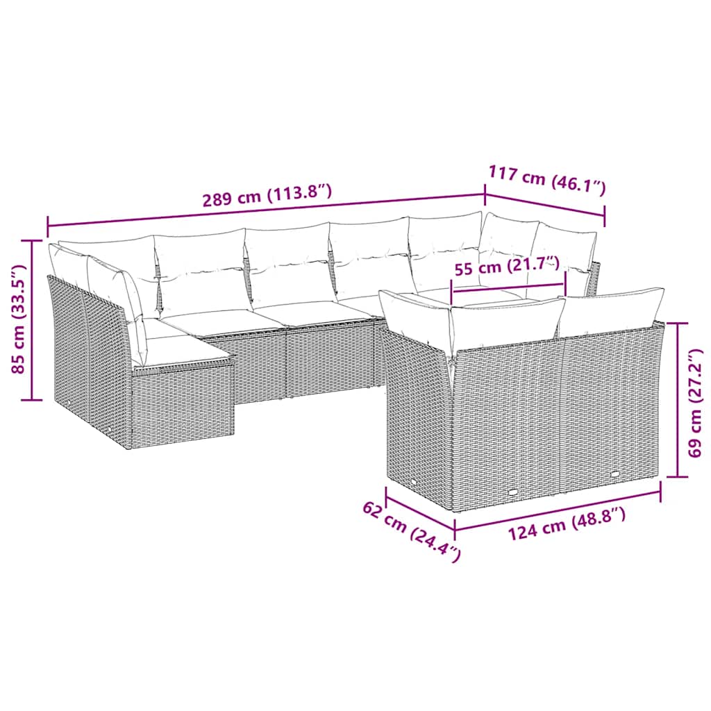 sofasæt til haven 9 dele med hynder polyrattan lysegrå