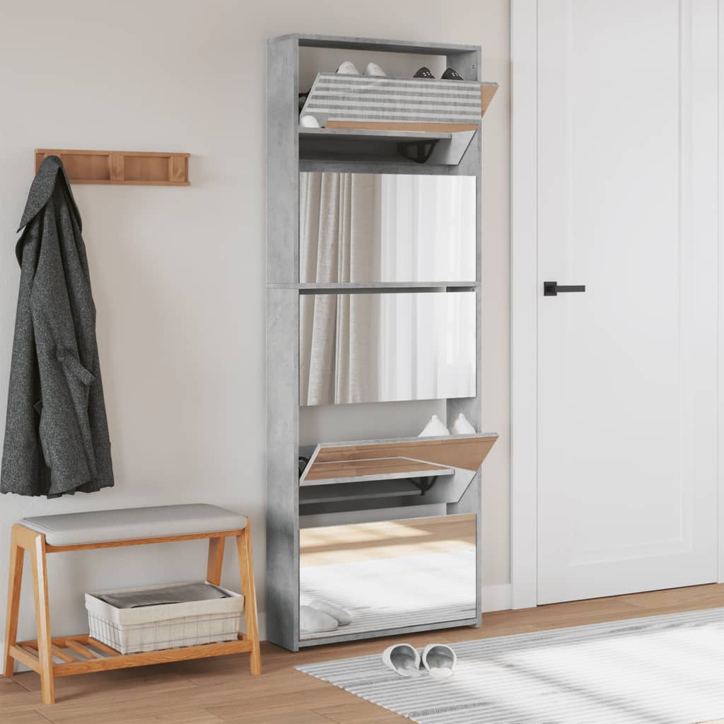 skoskab med spejl og 5 hylder 63x17x169,5 cm betongrå