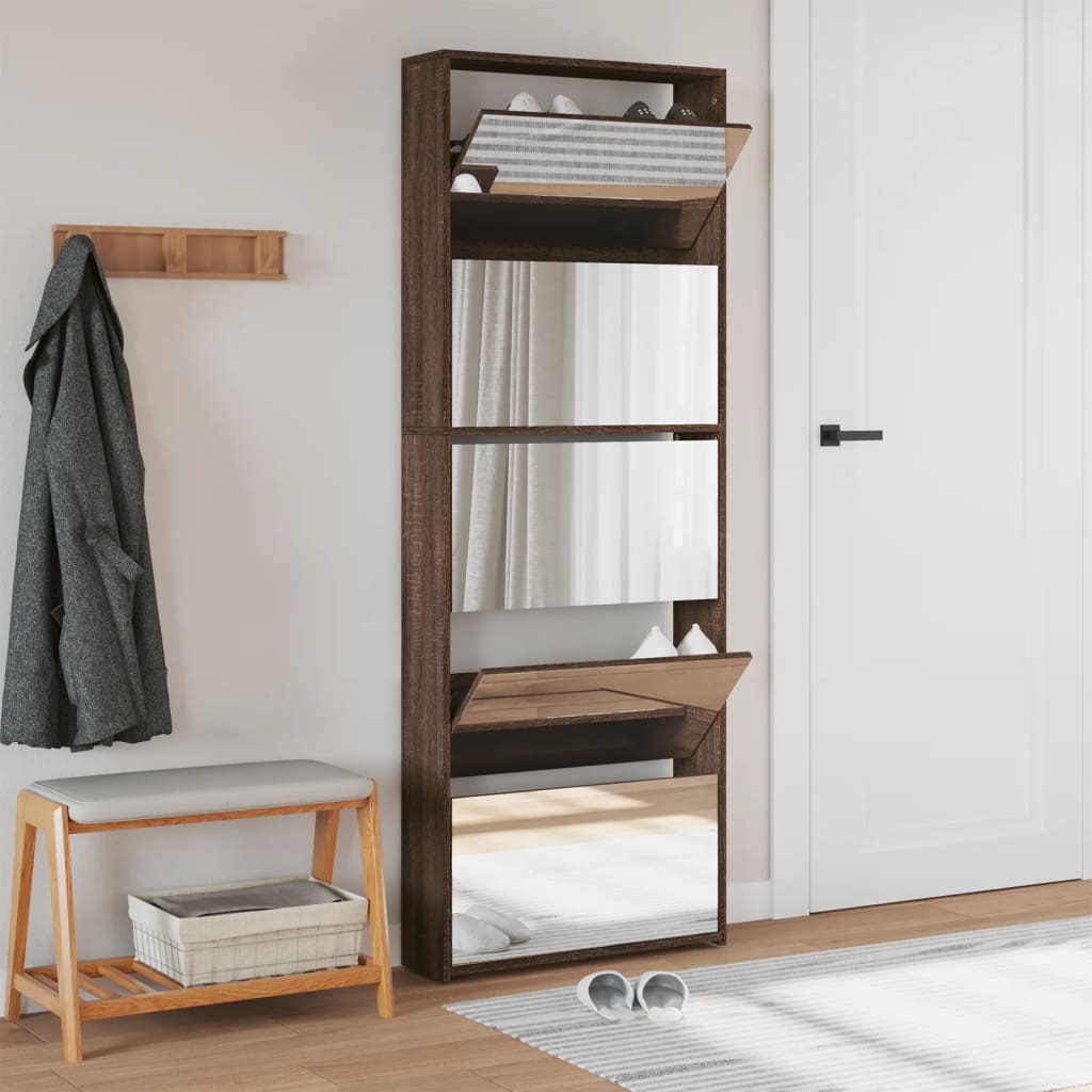 skoskab med spejl og 5 hylder 63x17x169,5 cm brun egetræsfarve