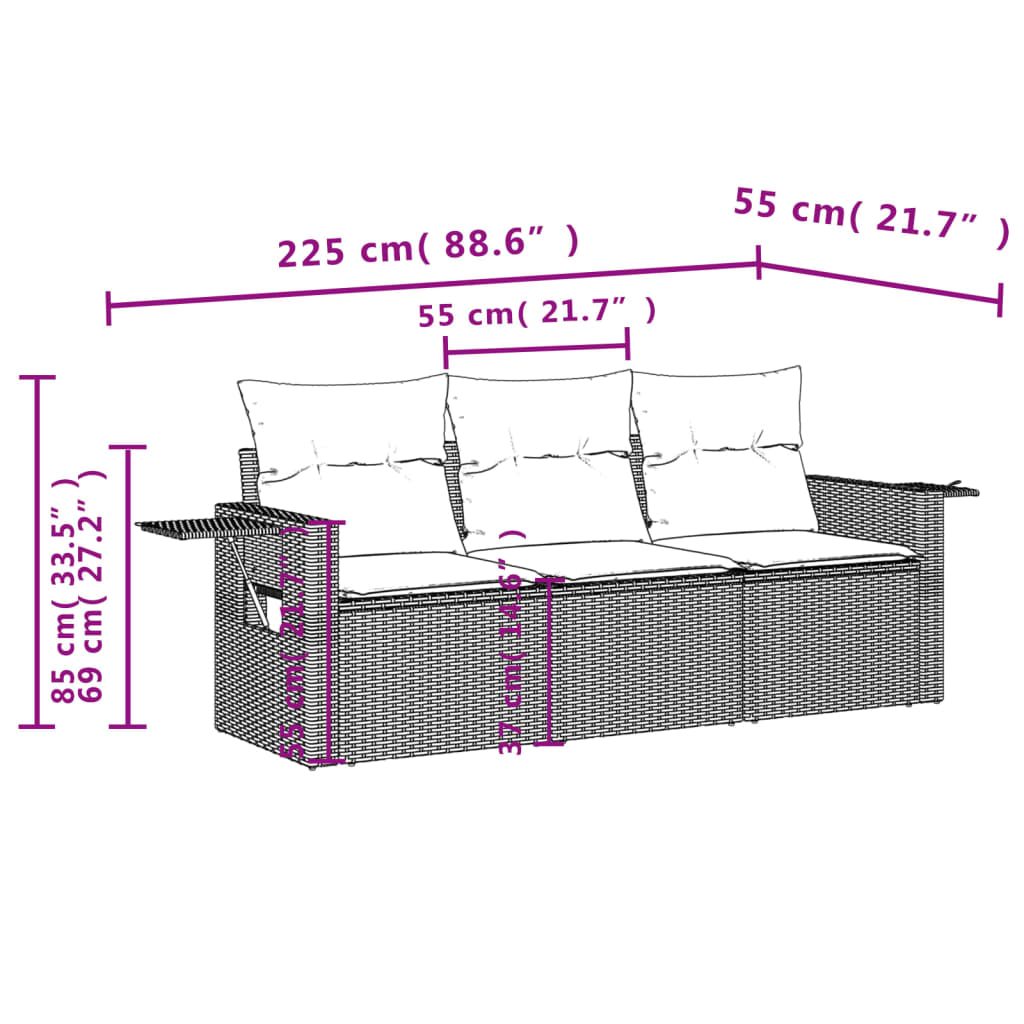 havesofasæt 3 dele med hynder polyrattan grå