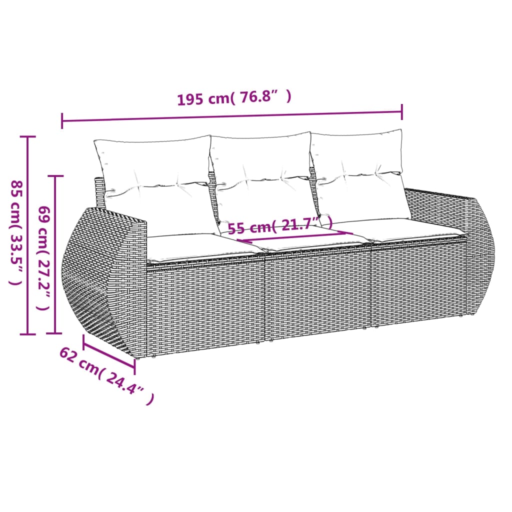 havesofasæt 3 dele med hynder polyrattan grå