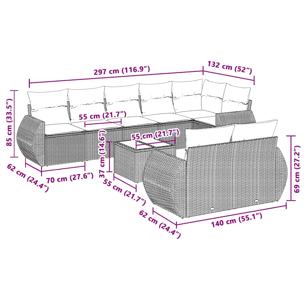 sofasæt til haven 9 dele med hynder polyrattan lysegrå