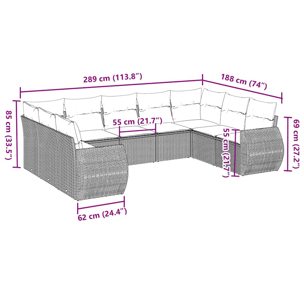 sofasæt til haven 9 dele med hynder polyrattan lysegrå