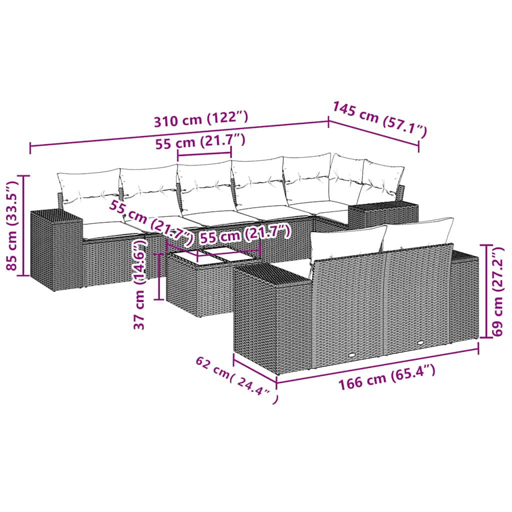 sofasæt til haven 9 dele med hynder polyrattan lysegrå