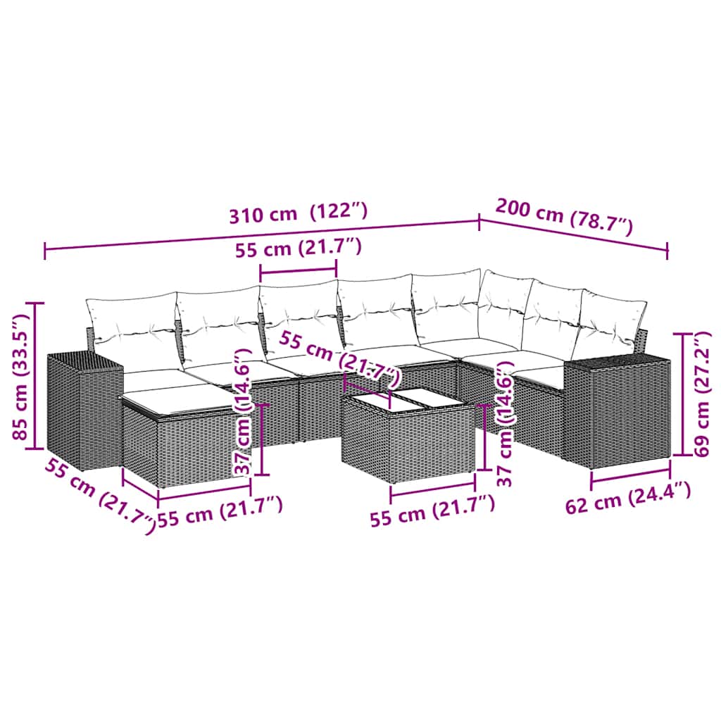 sofasæt til haven 9 dele med hynder polyrattan lysegrå