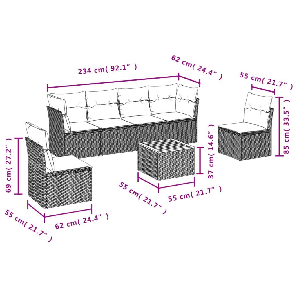 havesofasæt 7 dele med hynder polyrattan beige