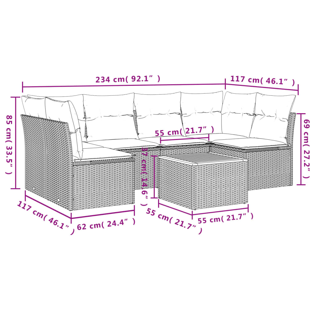 havesofasæt 7 dele med hynder polyrattan beige