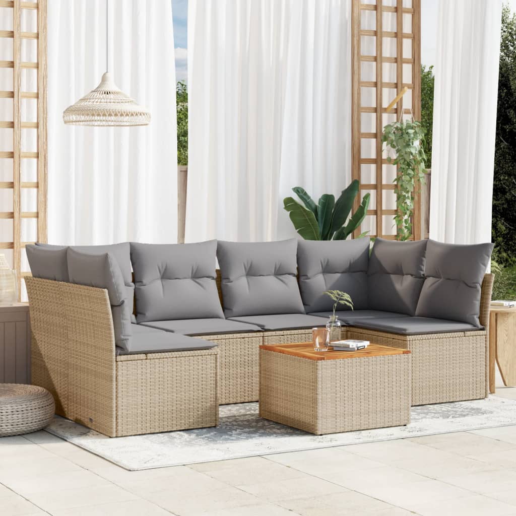 havesofasæt 7 dele med hynder polyrattan beige