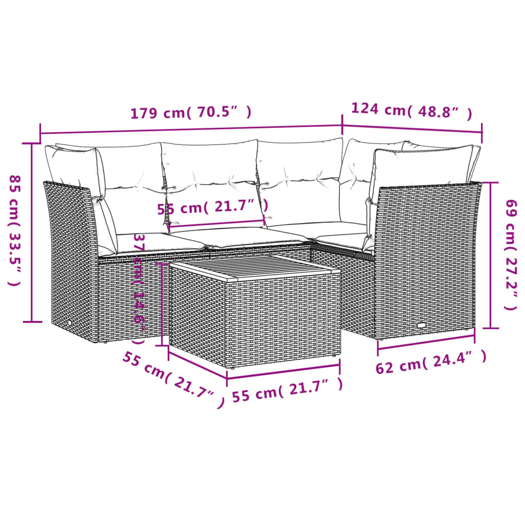 havesofasæt 5 dele med hynder polyrattan beige
