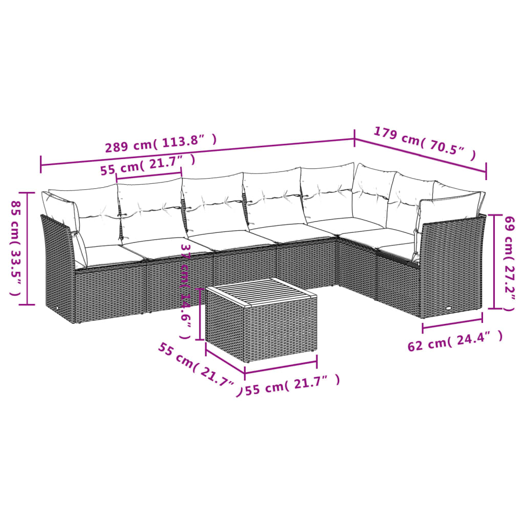 havesofasæt 8 dele med hynder polyrattan beige