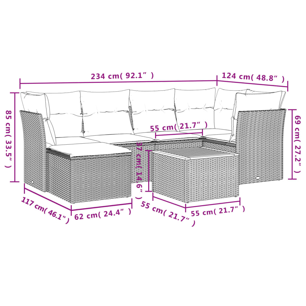 havesofasæt 7 dele med hynder polyrattan beige