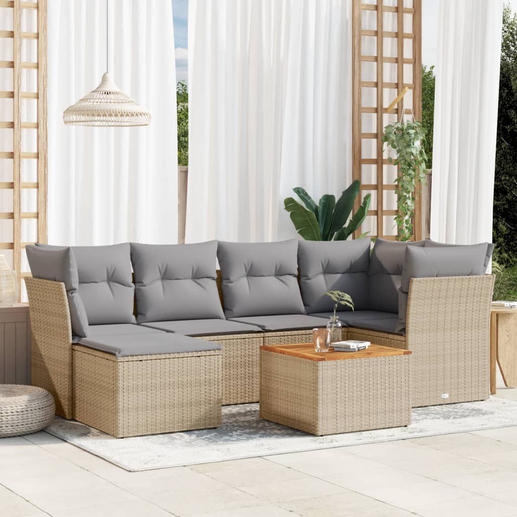 havesofasæt 7 dele med hynder polyrattan beige