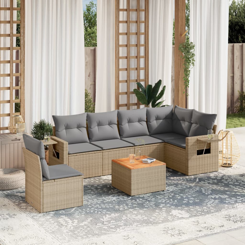 havesofasæt 7 dele med hynder polyrattan beige