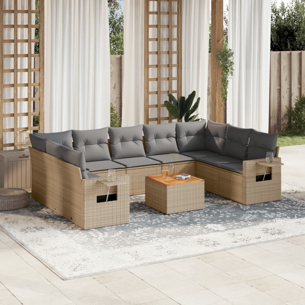 havesofasæt 10 dele med hynder polyrattan beige