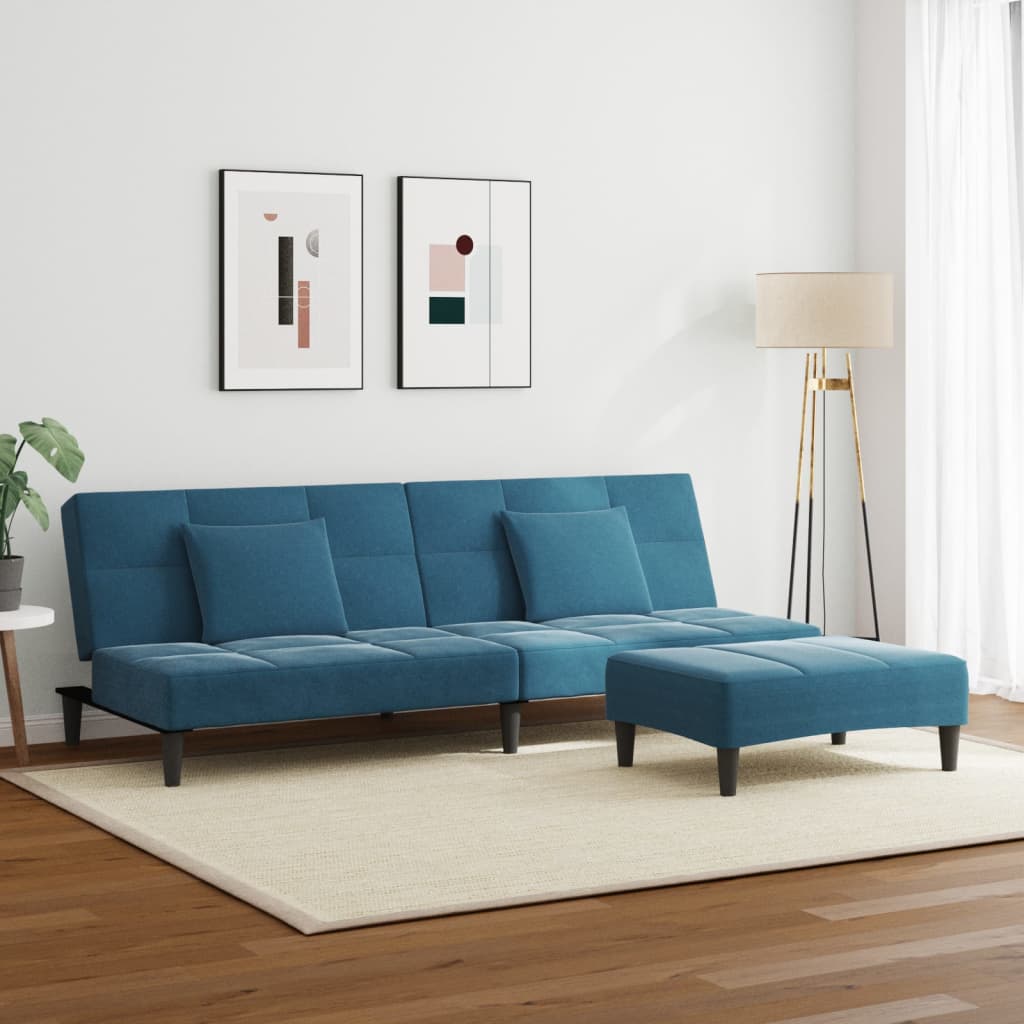 2-personers sovesofa med fodskammel velour blå