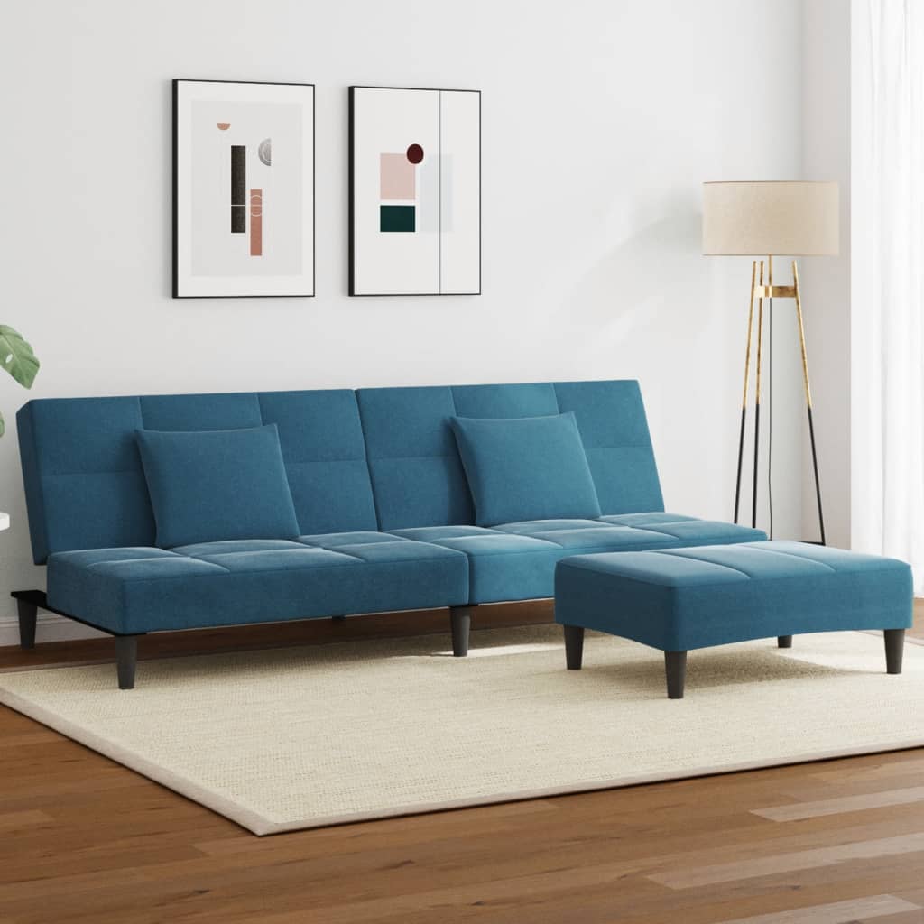 2-personers sovesofa med fodskammel velour blå