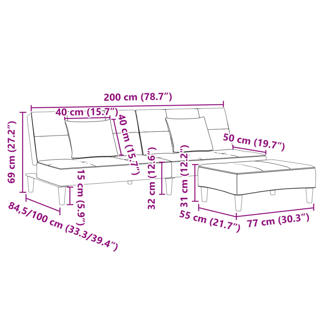 2-personers sovesofa med fodskammel velour lysegrå