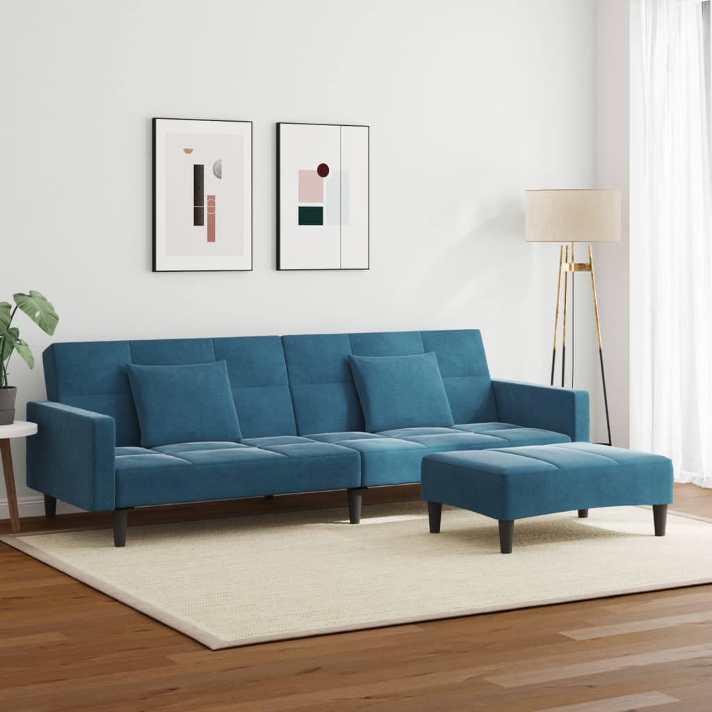 2-personers sovesofa med fodskammel velour blå