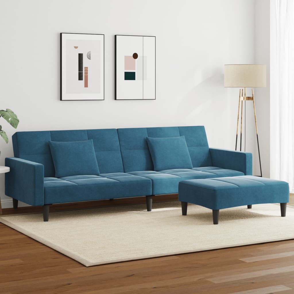 2-personers sovesofa med fodskammel velour blå