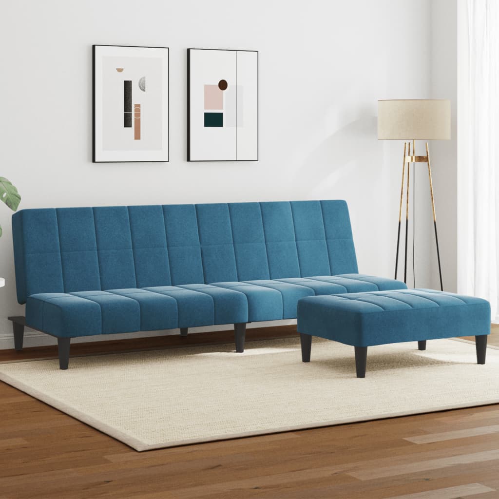 2-personers sovesofa med fodskammel velour blå