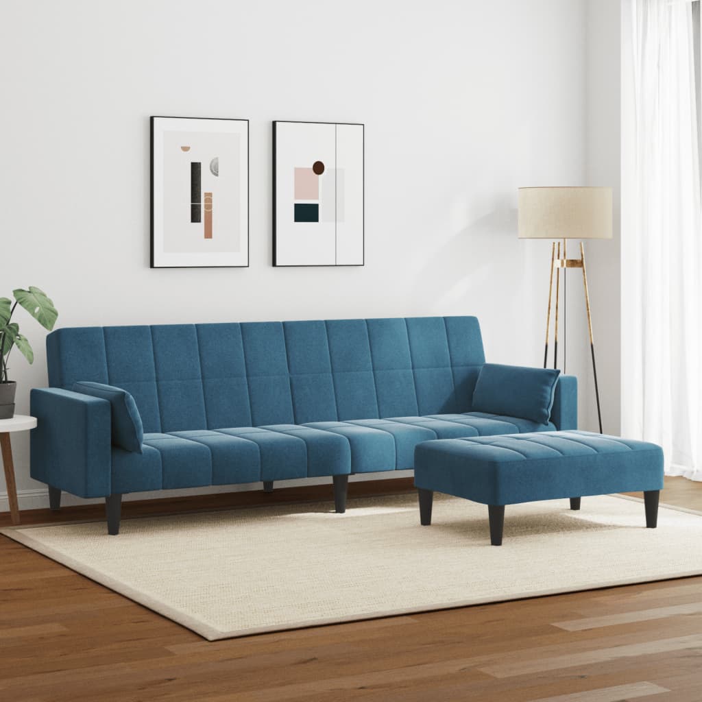 2-personers sovesofa med fodskammel velour blå