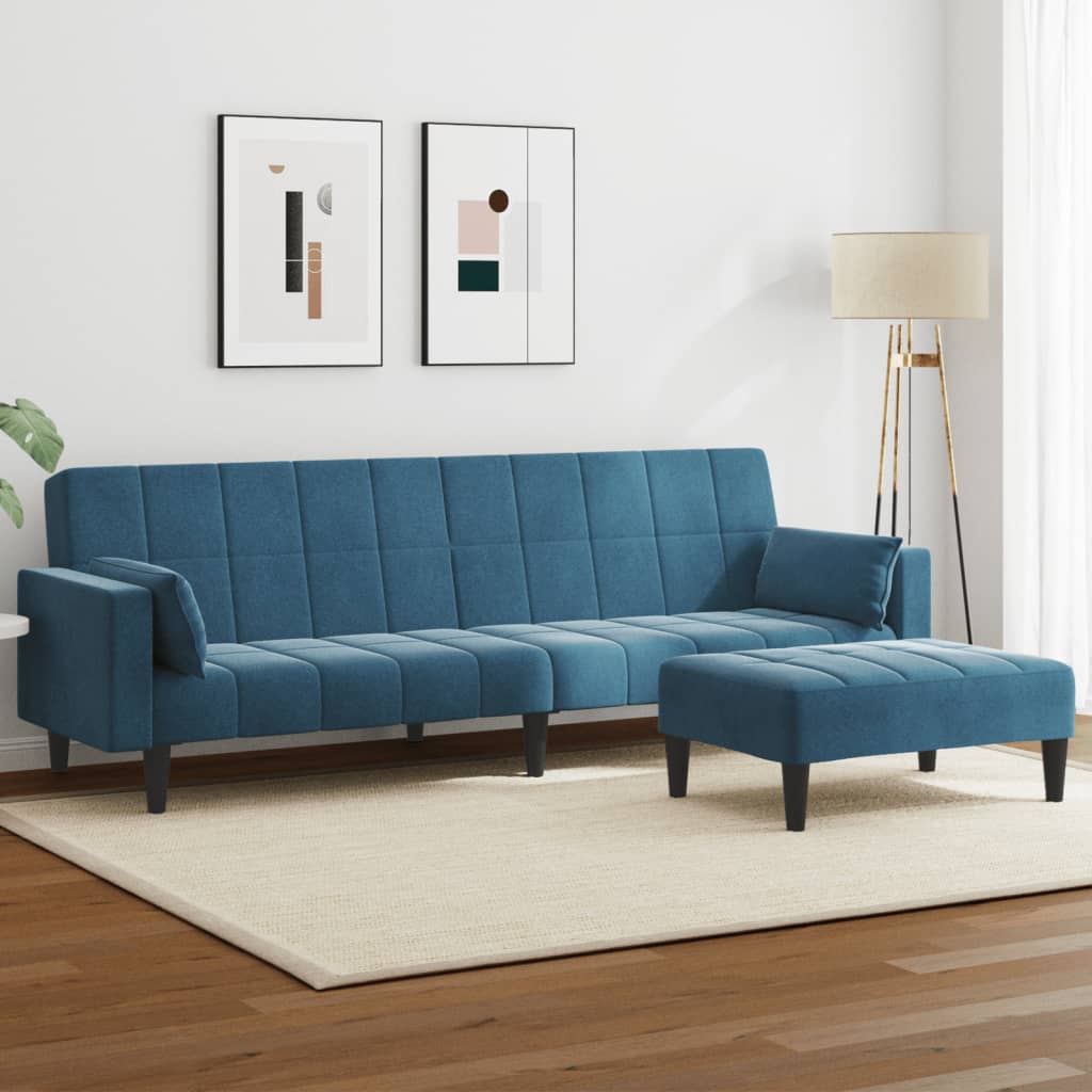 2-personers sovesofa med fodskammel velour blå
