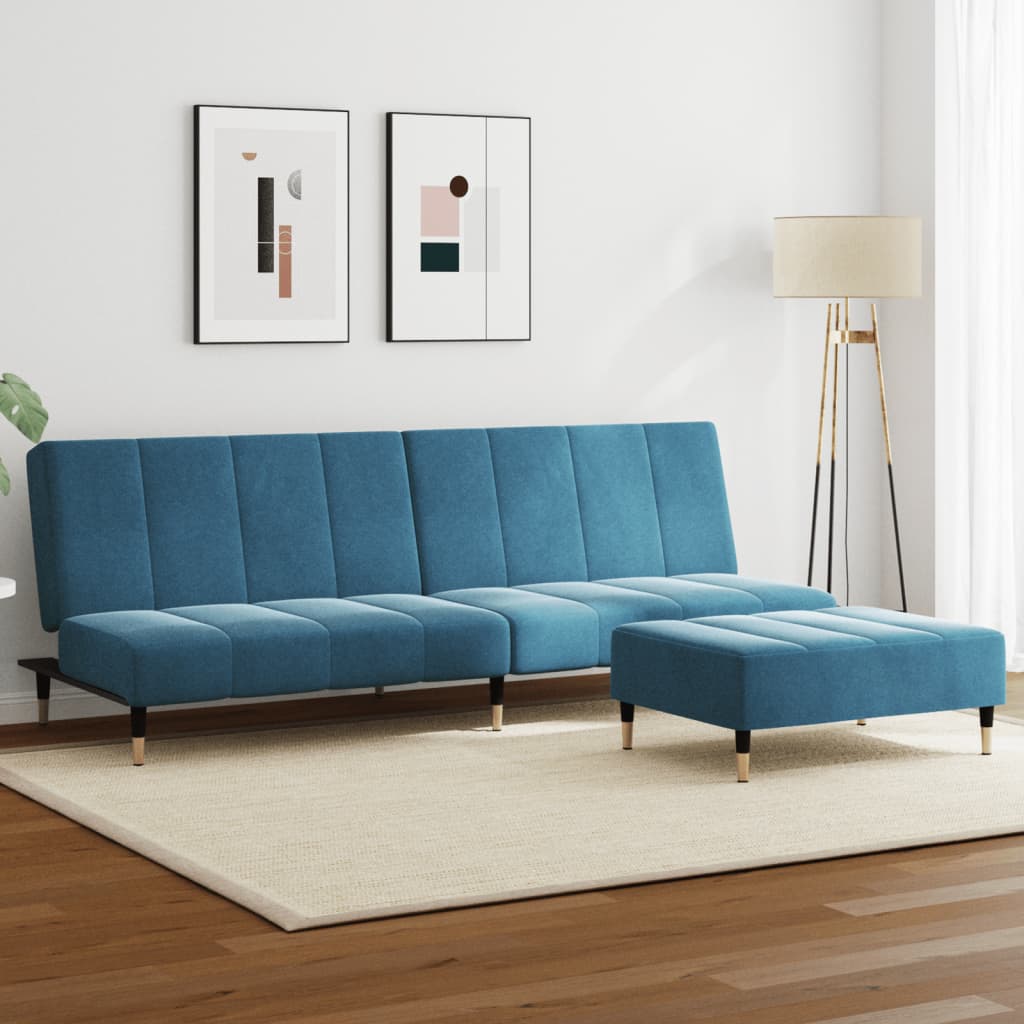2-personers sovesofa med fodskammel velour blå