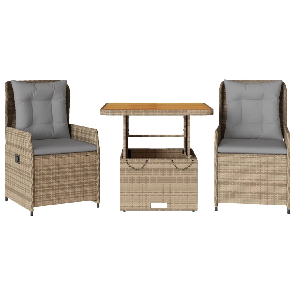 bistrosæt til haven 3 dele med hynder polyrattan beige