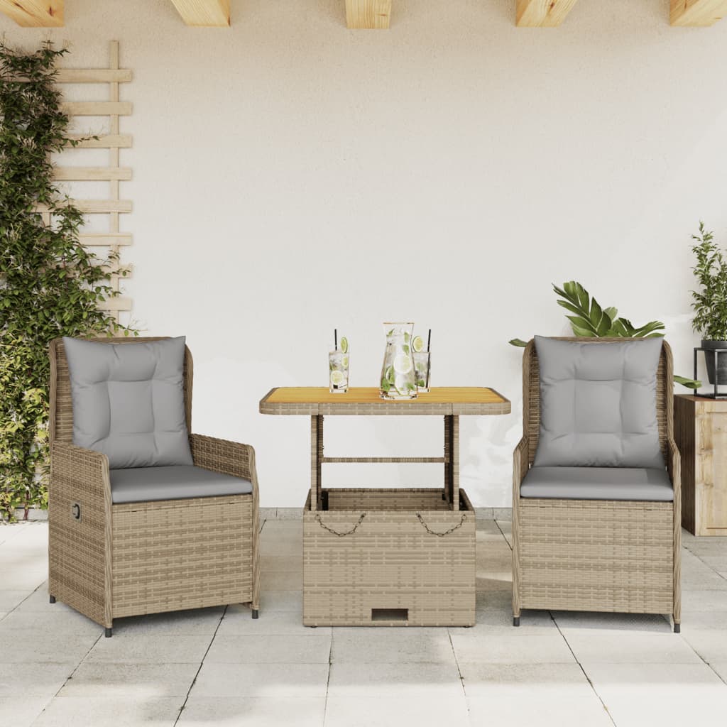 bistrosæt til haven 3 dele med hynder polyrattan beige