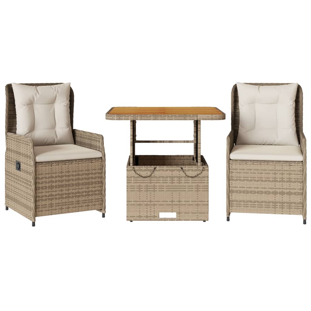 bistrosæt til haven 3 dele med hynder polyrattan beige