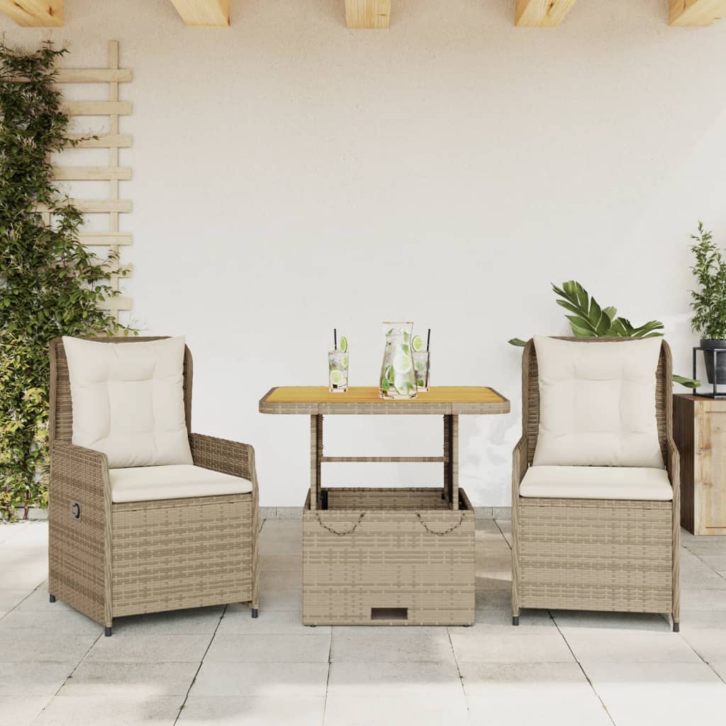 bistrosæt til haven 3 dele med hynder polyrattan beige