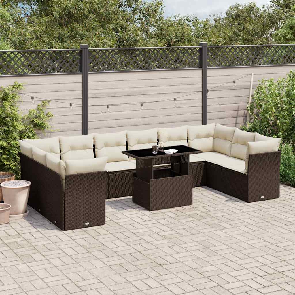 loungesæt til haven 11 dele med hynder polyrattan brun