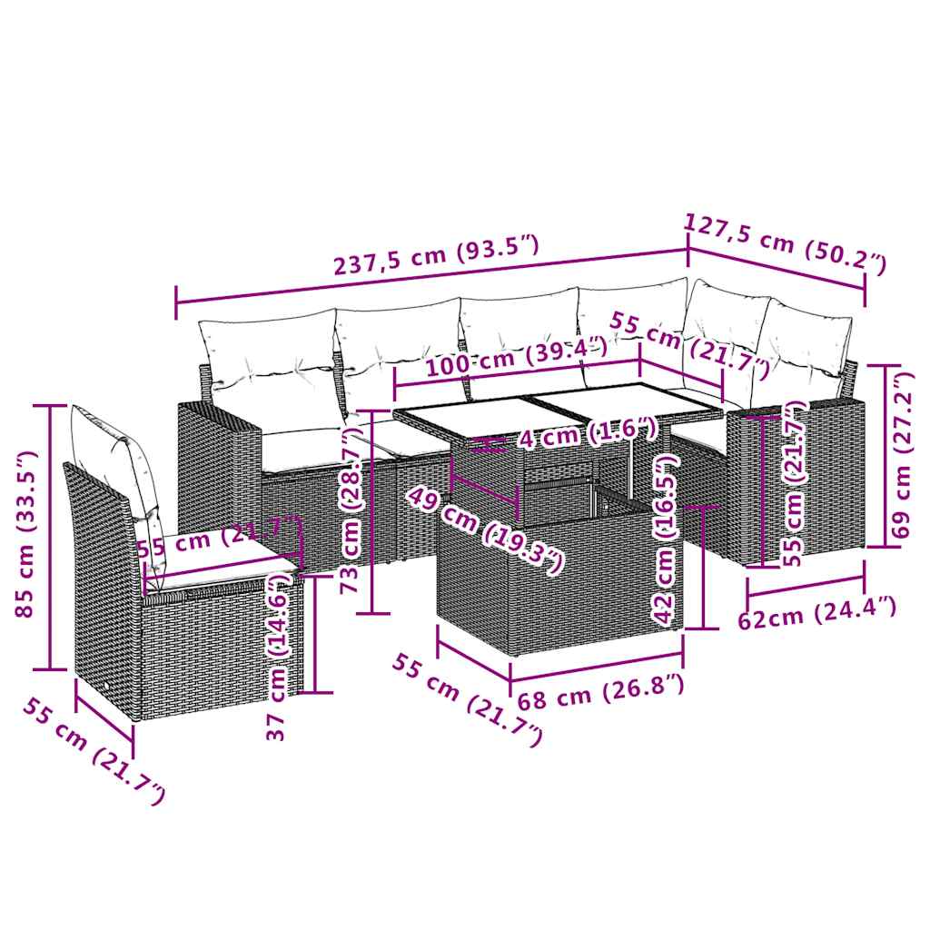 sofasæt til haven 7 dele med hynder polyrattan beige