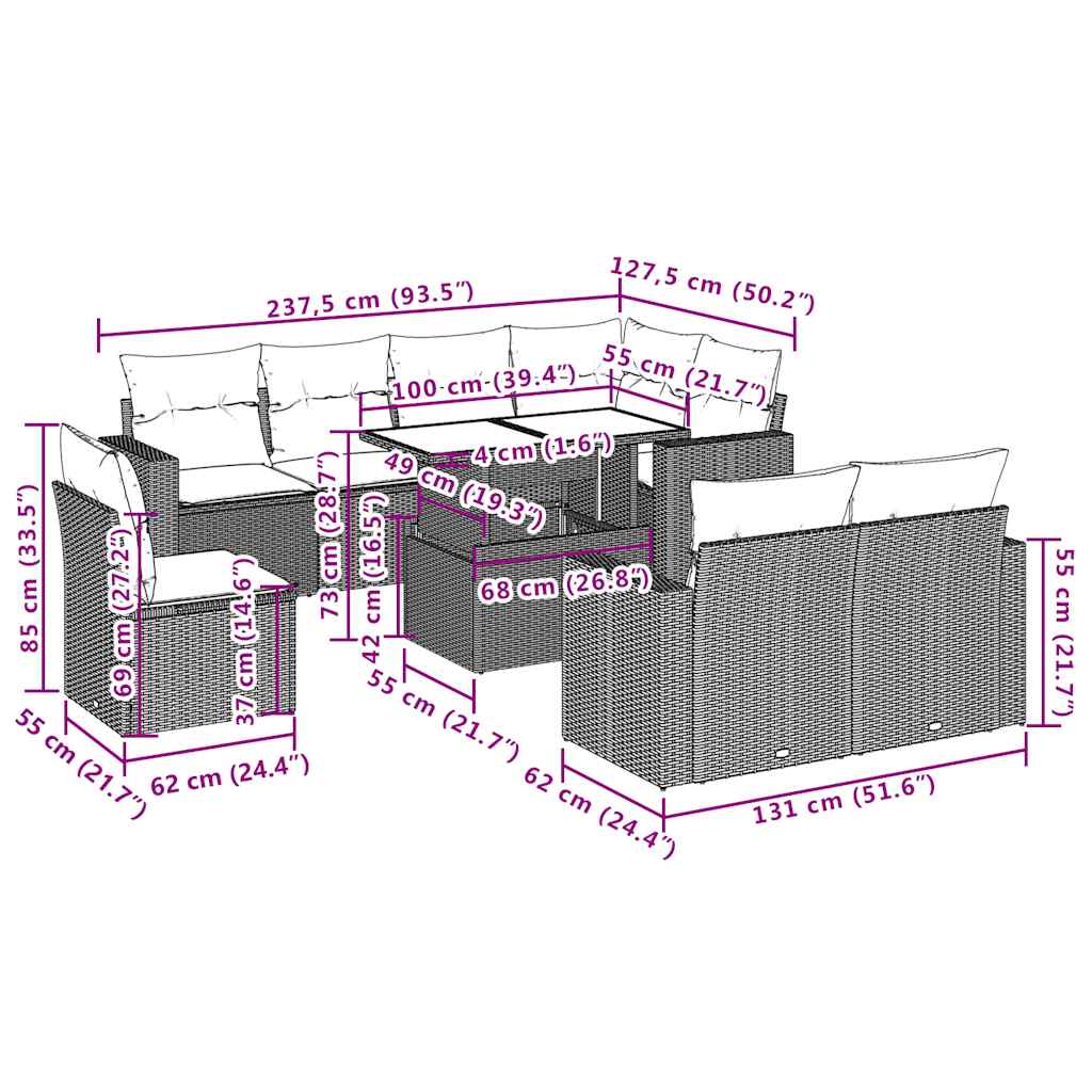 sofasæt til haven 9 dele med hynder polyrattan beige